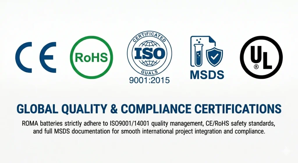 Sequence of global certification logos including CE, RoHS, ISO 9001:2015, MSDS, and UL, demonstrating ROMA battery quality control, safety standards, and international compliance for export.